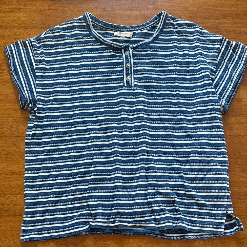 Madewell Blue & White Striped Short Sleeve Henley Top